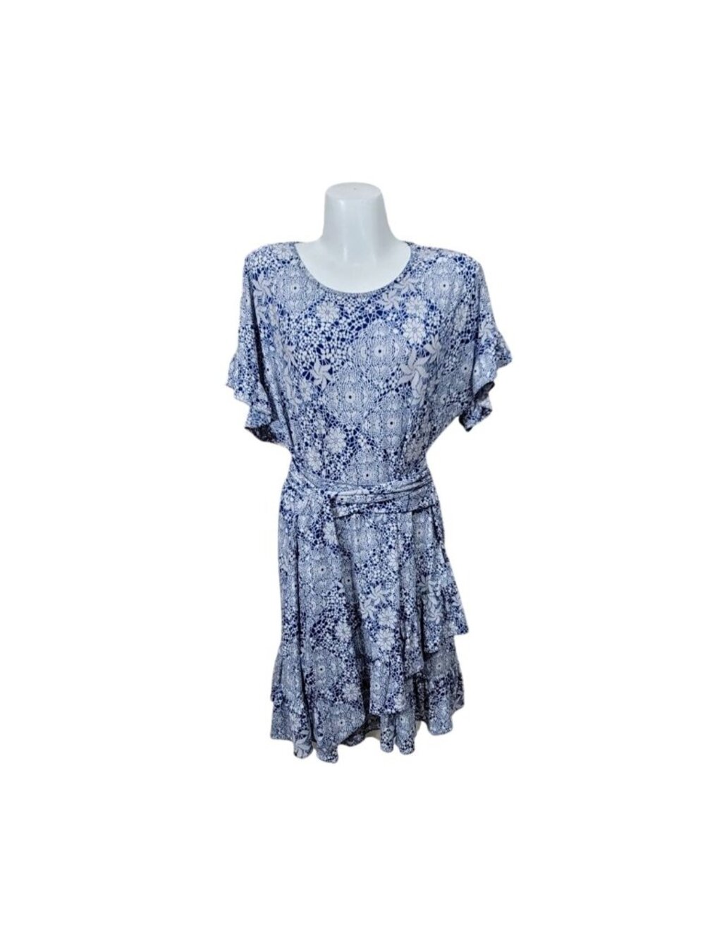 Michael Kors Blue White Print Belted Layered Ruffle Dress XXL